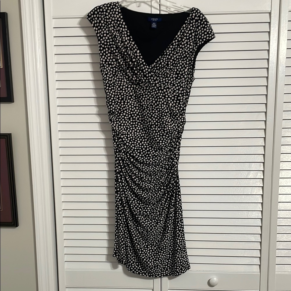 Chaps Black and White Ruched Wrap Sheath Dress